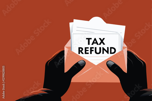 Flat design illustration of a tax refund check being delivered, emphasizing the happy recipient receiving a large check.
