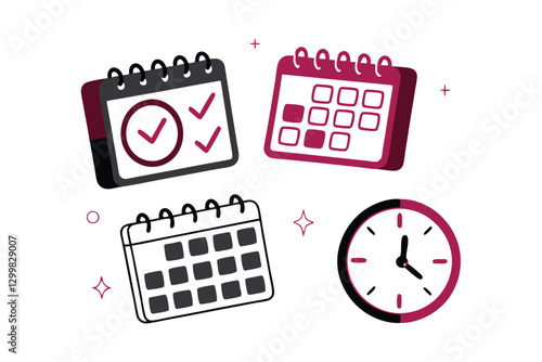 Create a flat design vector illustration of tax day reminders, including calendar, documents, and money.  Use a clean, modern aesthetic.