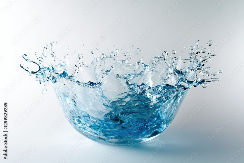 A splash of clear blue water creates a crown-like effect in a glass bowl against a white background. A splash of clear blue water creates a crown-like effect in a glass bowl against a white background.