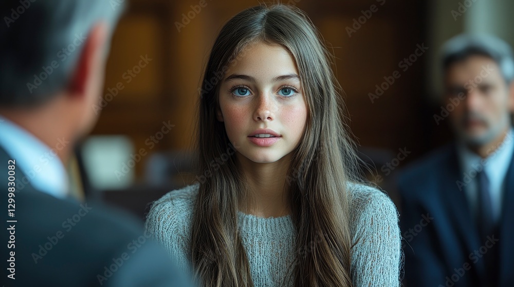 Fototapeta premium Foster family adoption day, complex emotions, courthouse setting