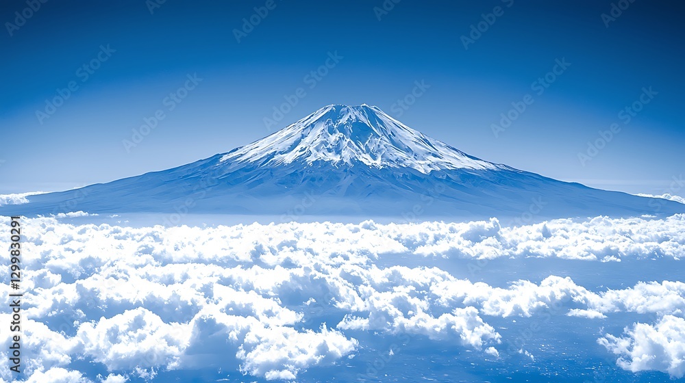 Majestic mountain peak above clouds; aerial view; travel poster Majestic mountain peak above clouds; aerial view; travel poster
