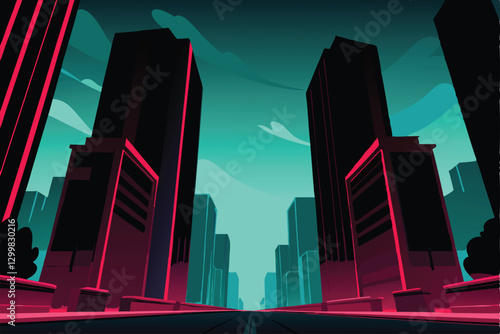 Generate a hyperrealistic image of a futuristic cityscape dominated by towering, obsidian black skyscrapers piercing a vibrant neon-lit night sky.