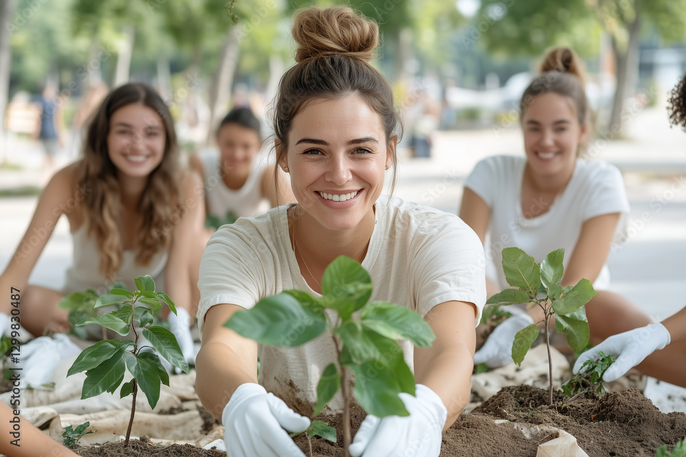 A group of people of women volunteers engage together in a social activity to plant trees to care for the environment and the planet on Earth Day. Nature conservation and environmental well-being. A group of people of women volunteers engage together in a social activity to plant trees to care for the environment and the planet on Earth Day. Nature conservation and environmental well-being.