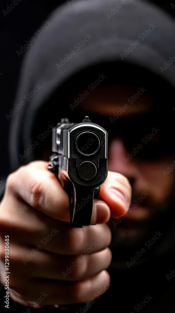 Man in Hoodie Holding Gun Threateningly Dark and Mysterious Standoff Dangerous Tension Suspense Man in Hoodie Holding Gun Threateningly Dark and Mysterious Standoff Dangerous Tension Suspense