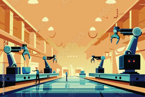 A futuristic factory showcasing advanced robotic machinery and a delivery drone in operation.  High-tech manufacturing environment.
