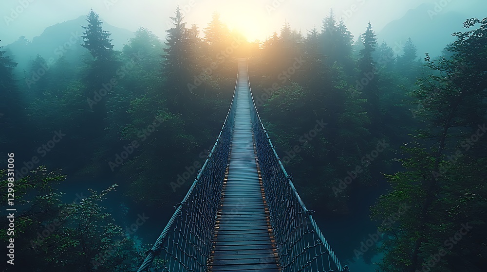 Obraz premium Misty forest suspension bridge sunrise, adventure journey