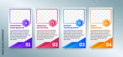 Set colorful gradient photo frame infographic design, four step with icon. Business infographic template. Vector illustration with shadow effect