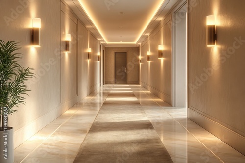 Elegant Hotel Hallway with Ambient Lighting and Modern Decor