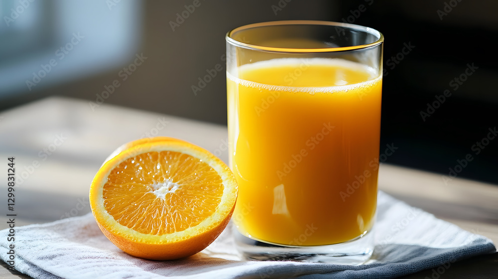 glass of freshly squeezed orange juice with slice of orange on napkin, capturing vibrant color and freshness of fruit glass of freshly squeezed orange juice with slice of orange on napkin, capturing vibrant color and freshness of fruit