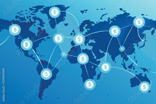 Illustrate a complex global financial network, visualized as glowing lines connecting major world cities, emphasizing interconnectedness and data flow.