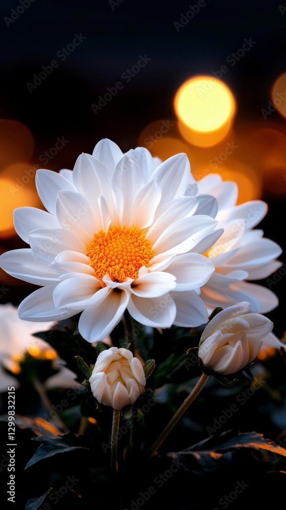 Fototapeta premium White Chrysanthemum Blooms Night Lights Background