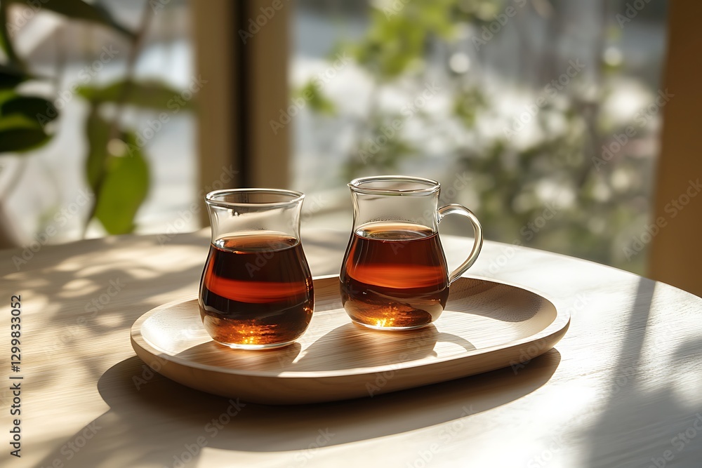 Elegant Glass Tea Cups on Wooden Tray Elegant Glass Tea Cups on Wooden Tray