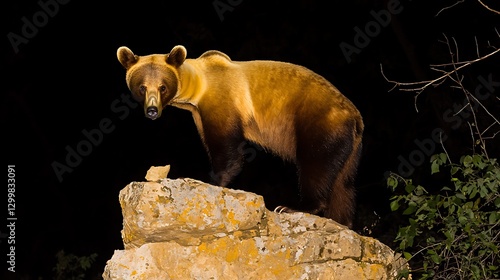 The commanding presence of a bear standing tall on a rocky outcrop, illuminated by the setting sun, exuding strength and resilience