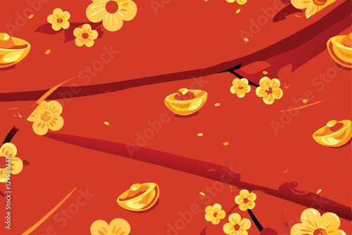 Scattered golden ingots and ancient coins amidst a vibrant profusion of blooming lotus flowers and delicate blossoms.