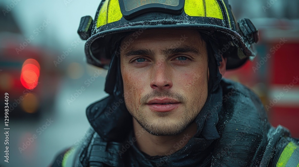 Firefighter after rescue, professional pride, station background Firefighter after rescue, professional pride, station background