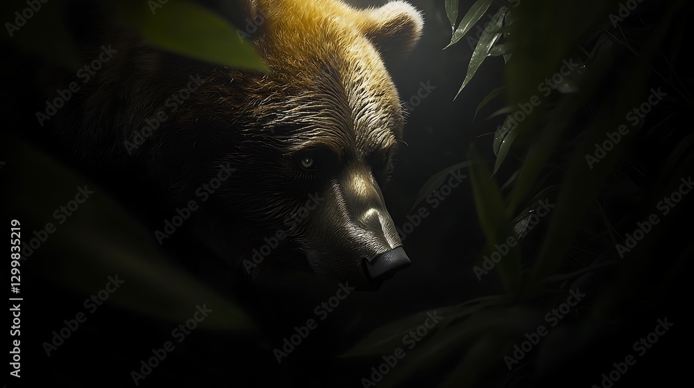The sharp details of a bear’s weathered face, every strand of fur visible as it stands in the heart of its natural habitat, exuding quiet strength