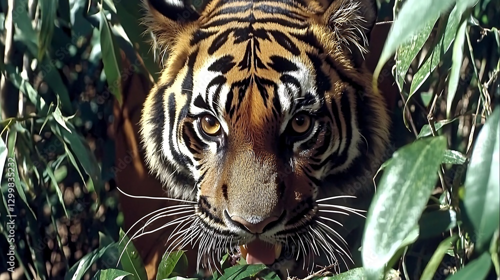 The sharp, focused gaze of a tiger in the wild, its deep amber eyes filled with power and mystery, surrounded by rich green foliage