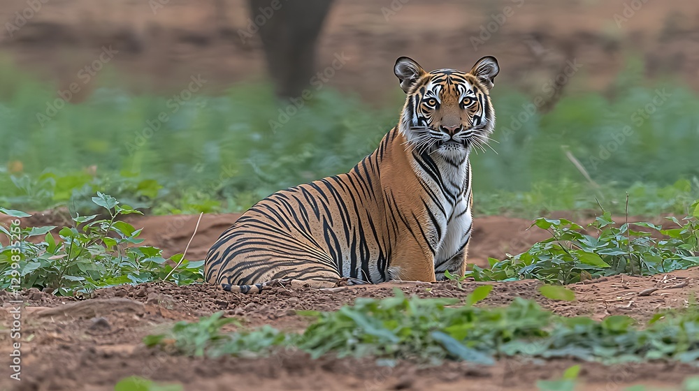 The sharp, focused gaze of a tiger in the wild, its deep amber eyes filled with power and mystery, surrounded by rich green foliage
