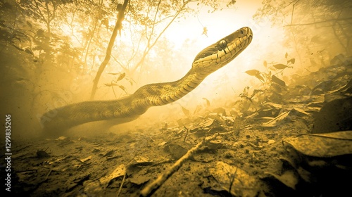 The shadowy figure of a snake gliding through dense rainforest leaves, disappearing into the thick undergrowth as light barely filters through