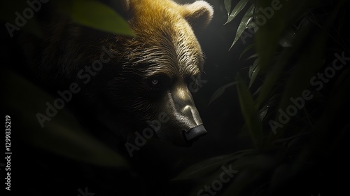 Obraz na płótnie The sharp details of a bear’s weathered face, every strand of fur visible as it stands in the heart of its natural habitat, exuding quiet strength w salonie
