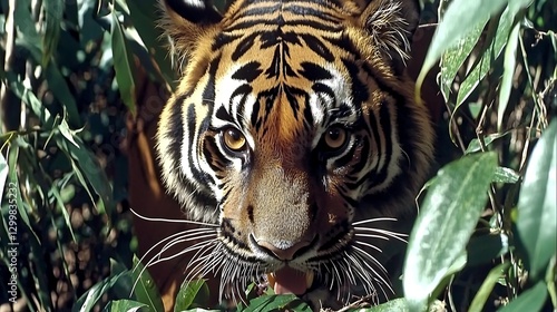 Obraz na płótnie The sharp, focused gaze of a tiger in the wild, its deep amber eyes filled with power and mystery, surrounded by rich green foliage w salonie