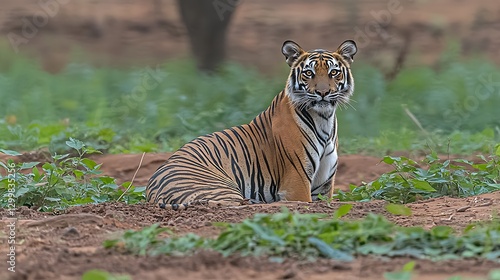 Obraz na płótnie The sharp, focused gaze of a tiger in the wild, its deep amber eyes filled with power and mystery, surrounded by rich green foliage w salonie