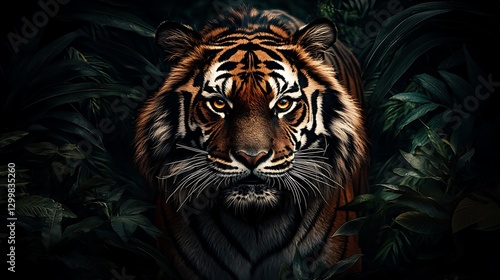 Obraz na płótnie The sharp, focused gaze of a tiger in the wild, its deep amber eyes filled with power and mystery, surrounded by rich green foliage w salonie