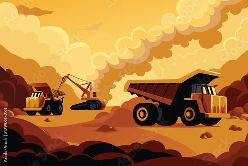 Large excavators and haul trucks operate within a vast, open-pit mine, showcasing industrial mining operations.  Surrounding landscape details needed.