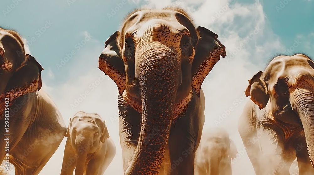 The soft mist swirls around a family of elephants as they carefully navigate a winding jungle path, their majestic presence enhancing the mystery of the wild