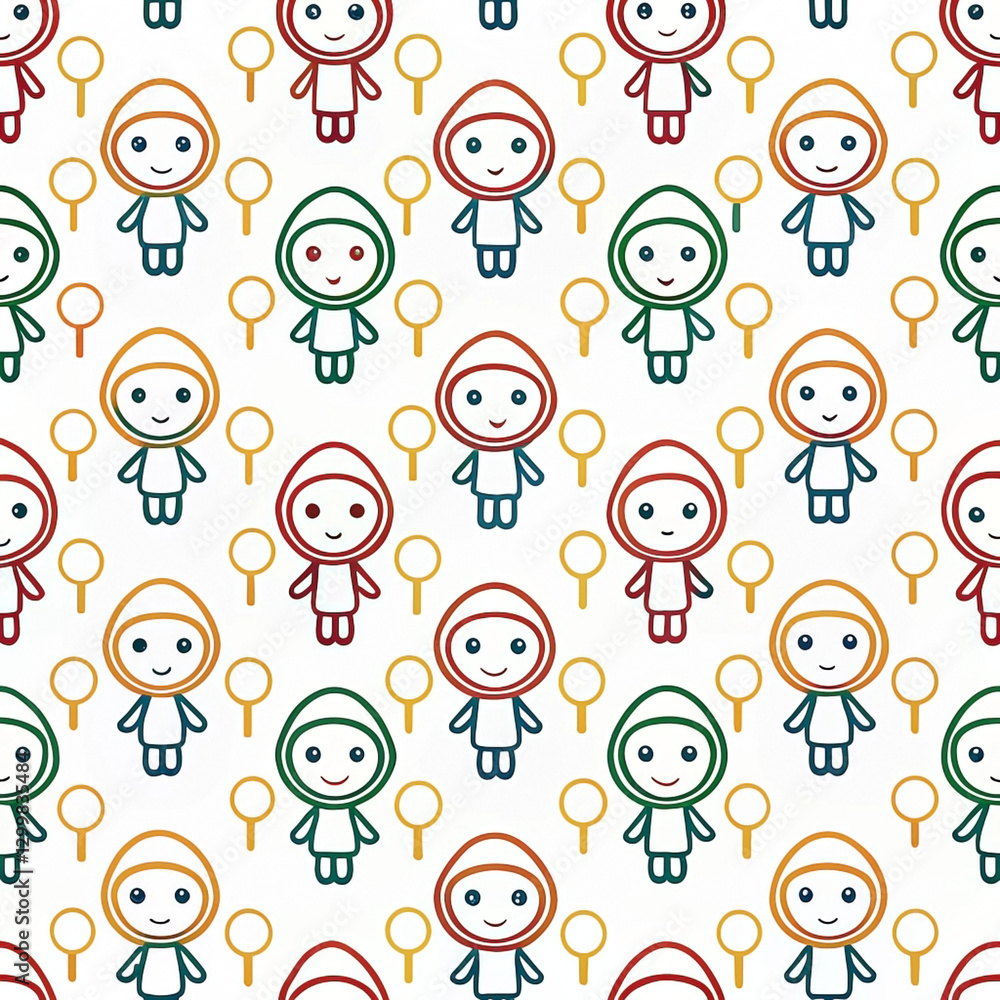 Seamless pattern of cute cartoon characters with round heads and simple bodies in various colors. Seamless pattern of cute cartoon characters with round heads and simple bodies in various colors.