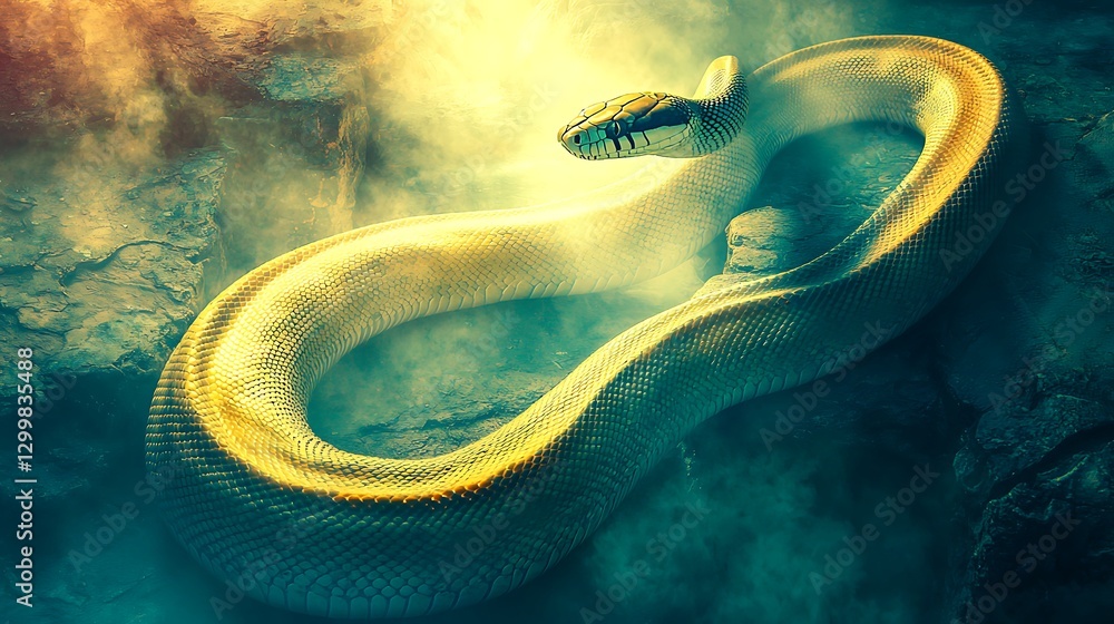 The soft shimmer of a snake’s scales as it moves through the hazy rainforest floor, disappearing into the thick morning fog
