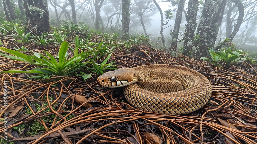 The soft shimmer of a snake’s scales as it moves through the hazy rainforest floor, disappearing into the thick morning fog