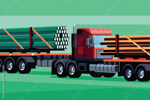 Vector illustration of heavy-duty trucks transporting long steel beams on a highway.  Focus on the immense weight and logistical challenge.