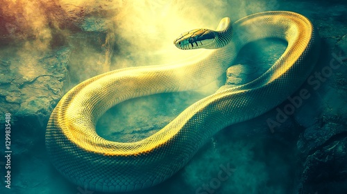 Obraz na płótnie The soft shimmer of a snake’s scales as it moves through the hazy rainforest floor, disappearing into the thick morning fog w salonie