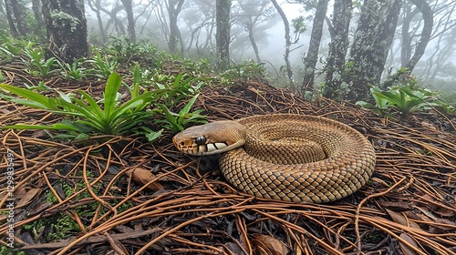 Obraz na płótnie The soft shimmer of a snake’s scales as it moves through the hazy rainforest floor, disappearing into the thick morning fog w salonie