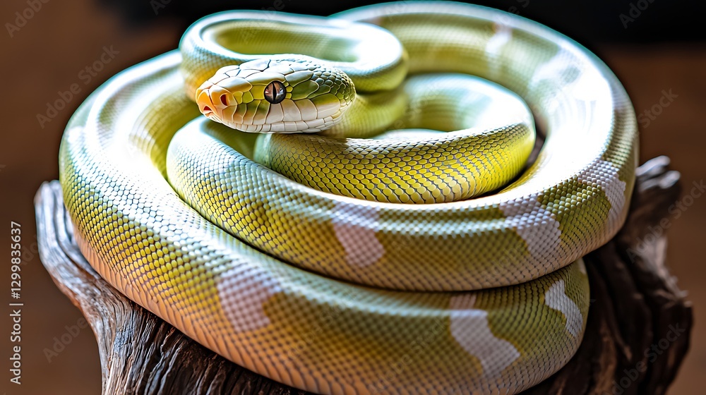 The striking image of a green snake resting on a twisted tree branch, its coils gripping tightly as it surveys the rainforest below