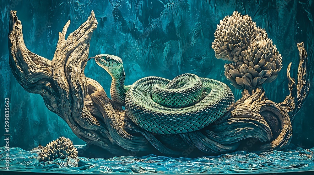 The striking image of a green snake resting on a twisted tree branch, its coils gripping tightly as it surveys the rainforest below