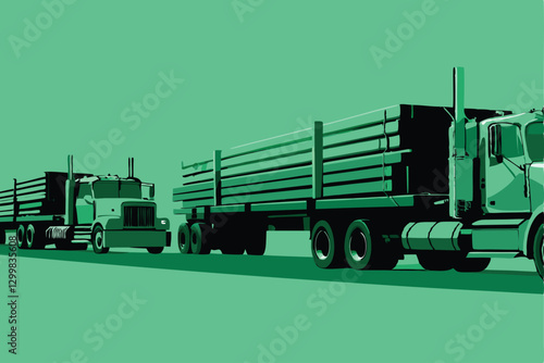 Vector illustration of heavy-duty trucks transporting long steel beams on a highway.  Focus on the weight and logistics of the heavy load.