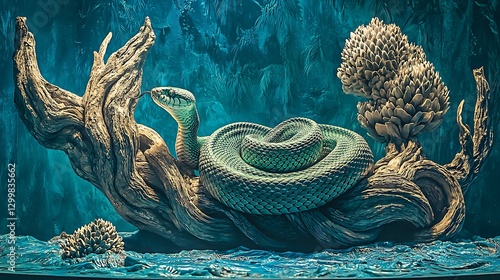 Obraz na płótnie The striking image of a green snake resting on a twisted tree branch, its coils gripping tightly as it surveys the rainforest below w salonie