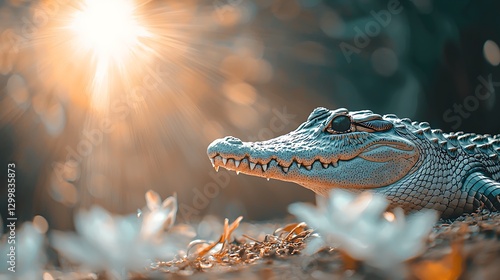 The textured scales of a crocodile glistening under the bright sunlight as it basks motionless near a jungle riverbank