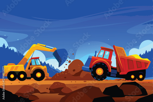 Powerful excavators and bulldozers excavate and move massive amounts of earth during a heavy-duty mining operation.