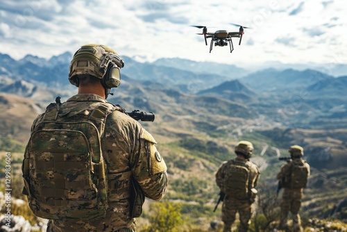 Soldier observing drone in mountainous terrain. Image depicts military surveillance, showing strategic use of technology.