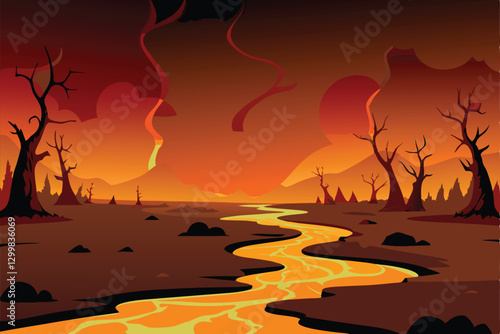 Render a hellish landscape; rivers of fiery lava flow across a cracked, obsidian surface, skeletal remains scattered amidst volcanic rock formations.