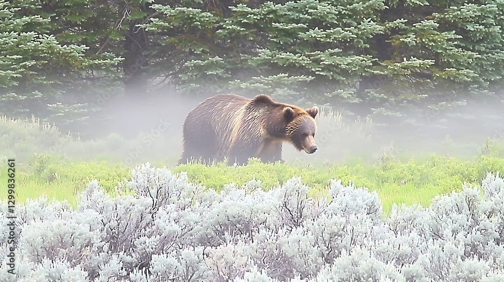 A bear moving cautiously through a foggy pine forest, its strong frame partially obscured by mist as it searches for food