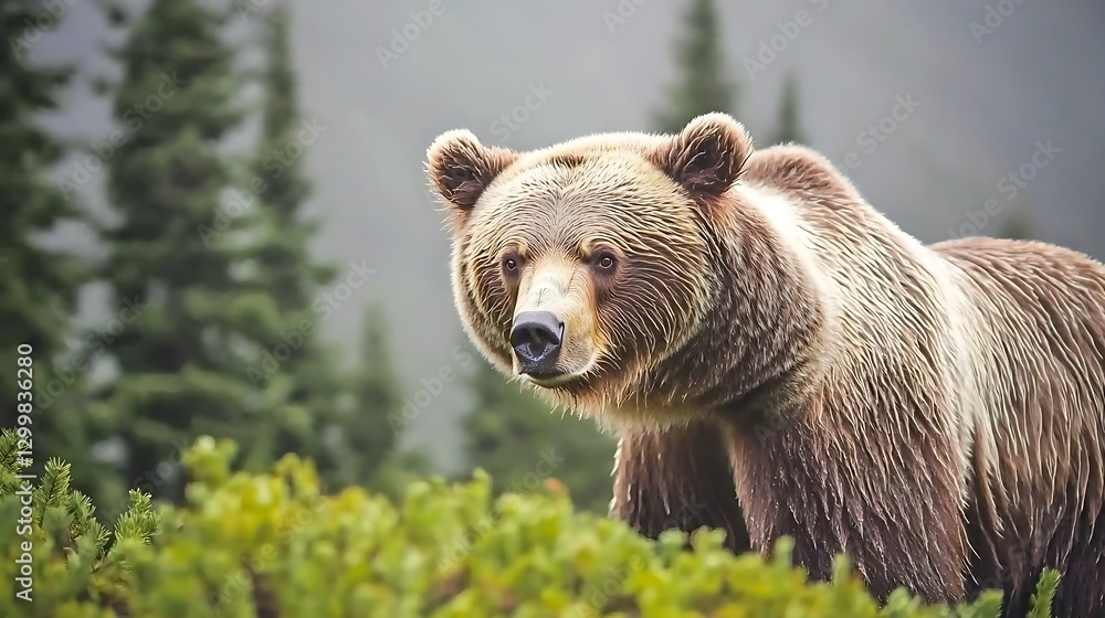A bear moving cautiously through a foggy pine forest, its strong frame partially obscured by mist as it searches for food
