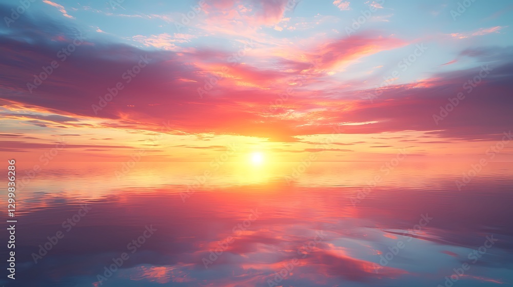 Obraz premium Vibrant sunset over calm ocean; serene sky reflection; peaceful nature scene; ideal for travel, tranquility