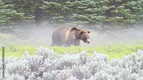 Obraz na płótnie A bear moving cautiously through a foggy pine forest, its strong frame partially obscured by mist as it searches for food w salonie