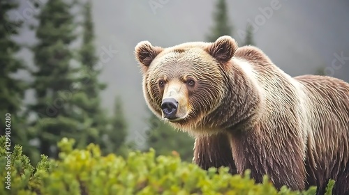 Obraz na płótnie A bear moving cautiously through a foggy pine forest, its strong frame partially obscured by mist as it searches for food w salonie
