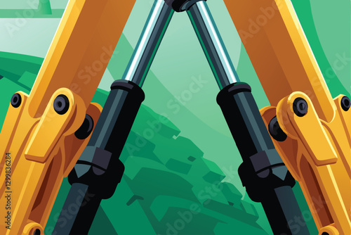 Close-up detailed shot of powerful hydraulic machine arms, showcasing intricate mechanics and hydraulic fluid lines.  Focus on textures and metallic surfaces.