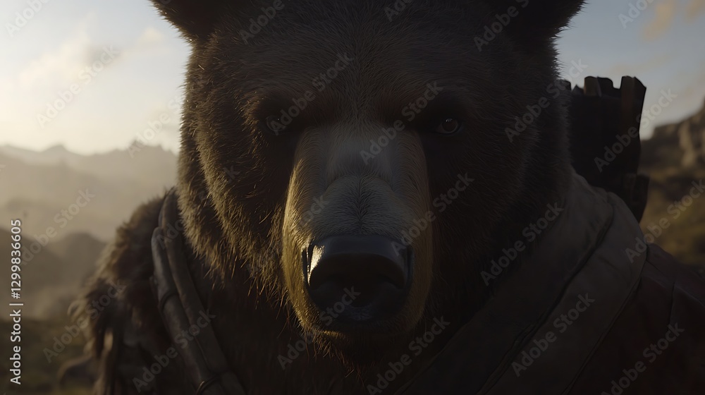 A close-up of a bear’s powerful snout and thick fur, its nostrils flaring slightly as it breathes in the fresh scent of the wilderness